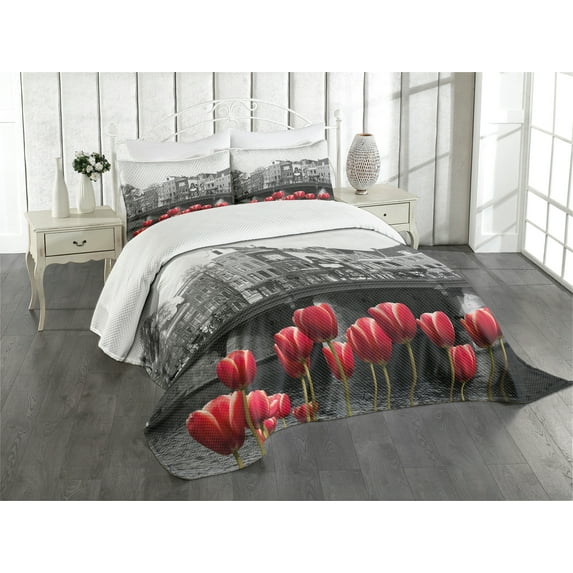 Ambesonne Black and White Quilted Bedspread Set 3 Pcs, Amsterdam Canal, King Size, Black White and Red
