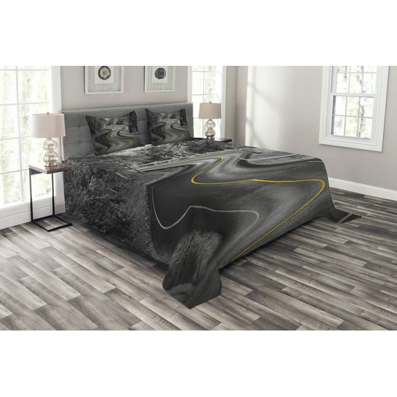 Ambesonne Black and White Quilted Bedspread Set 3 Pcs, Asphalt Road, King Size, Black Grey Yellow