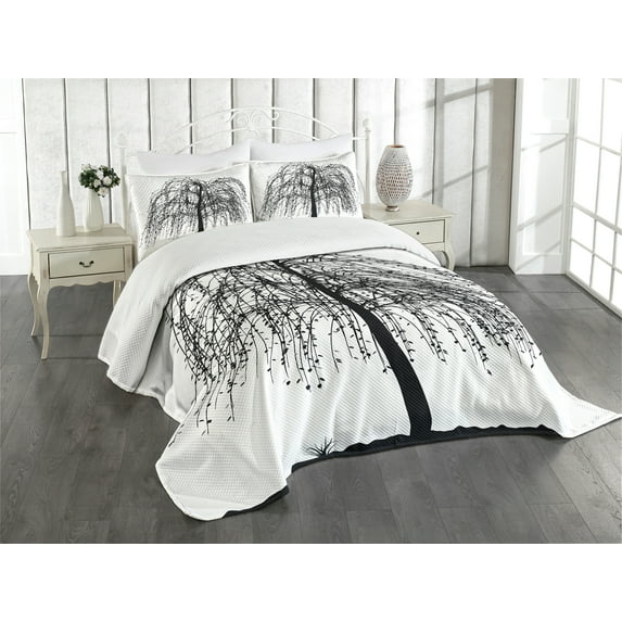 Ambesonne Black and White Quilted Bedspread Set 3 Pcs, Barren Nature, King Size, Black White