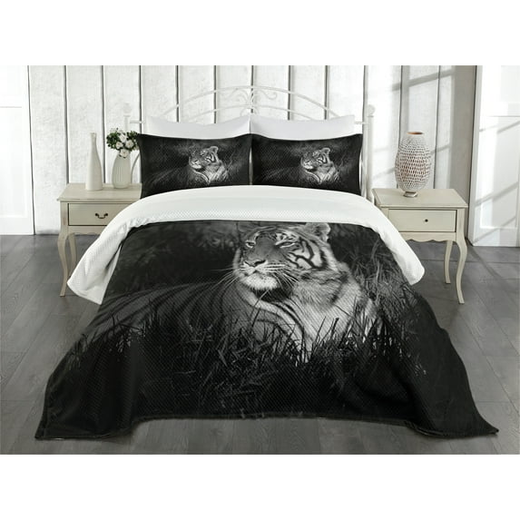 Ambesonne Black and White Quilted Bedspread Set 3 Pcs, Bengal Tiger, King Size, Black White