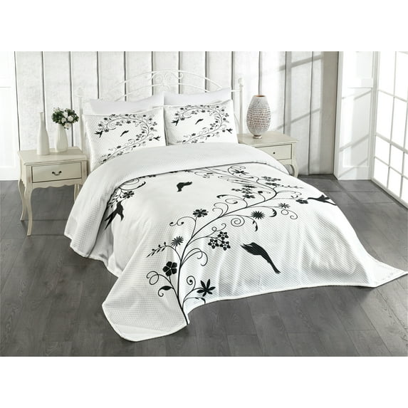 Ambesonne Black and White Quilted Bedspread Set 3 Pcs, Curves Swirls Bird, King Size, Black White