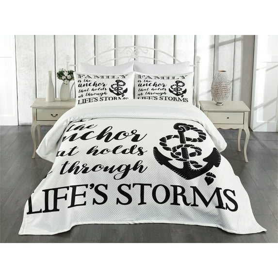 Ambesonne Black and White Quilted Bedspread Set 3 Pcs, Family Anchor, Queen Size, Black and White