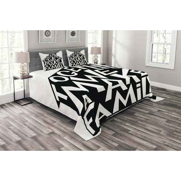 Ambesonne Black and White Quilted Bedspread Set 3 Pcs, Family House, King Size, Black and White