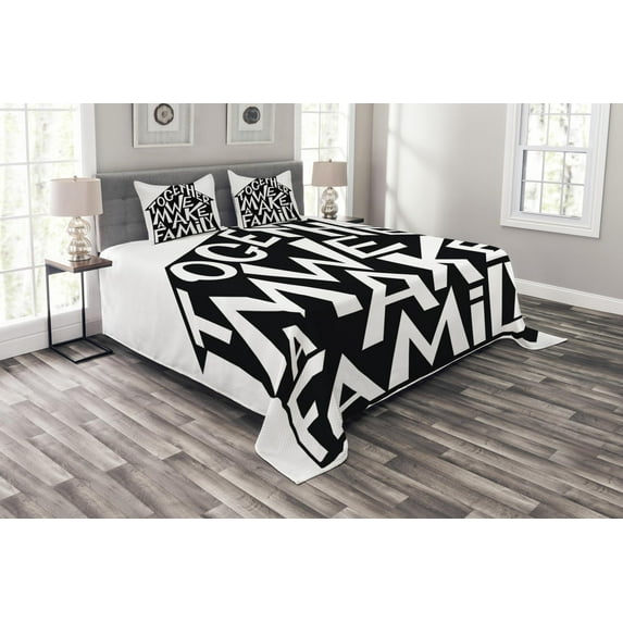 Ambesonne Black and White Quilted Bedspread Set 3 Pcs, Family House, Queen Size, Black and White