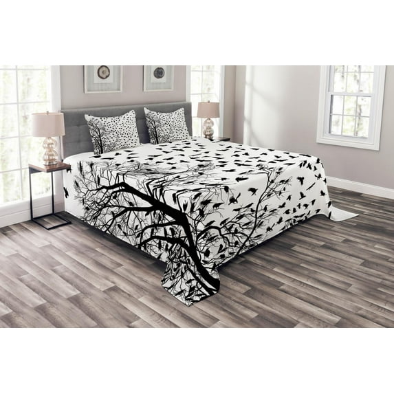 Ambesonne Black and White Quilted Bedspread Set 3 Pcs, Flying Birds Tree, King Size, Black White