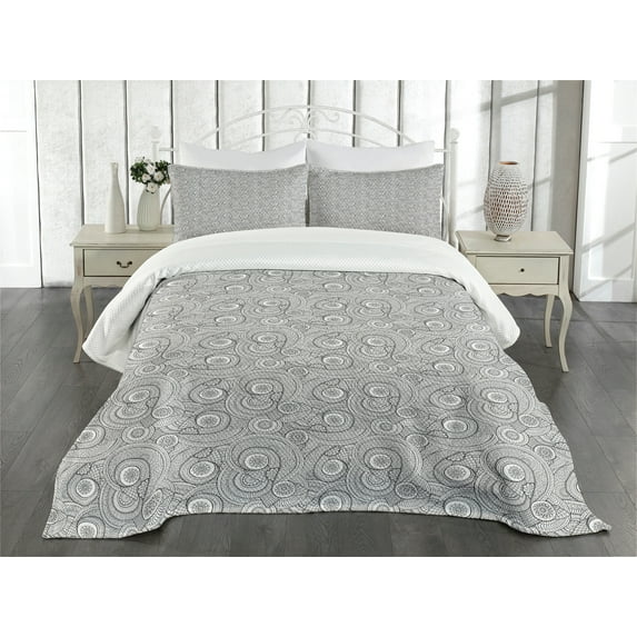 Ambesonne Black and White Quilted Bedspread Set 3 Pcs, Folk Floral, King Size, White and Black