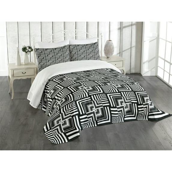 Ambesonne Black and White Quilted Bedspread Set 3 Pcs, Geometric Art, Queen Size, Black White