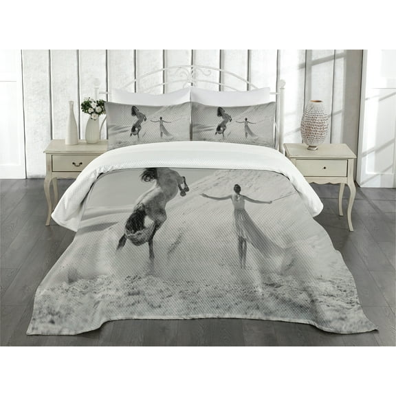 Ambesonne Black and White Quilted Bedspread Set 3 Pcs, Horse and Lady, Queen Size, Black White Grey