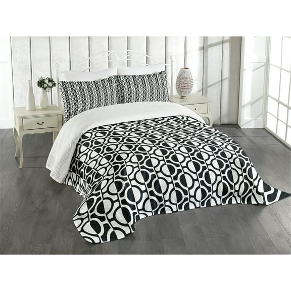 Ambesonne Black and White Quilted Bedspread Set 3 Pcs, Lattice Pattern, King Size, Black White