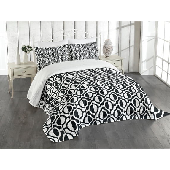 Ambesonne Black and White Quilted Bedspread Set 3 Pcs, Lattice Pattern, Queen Size, Black White