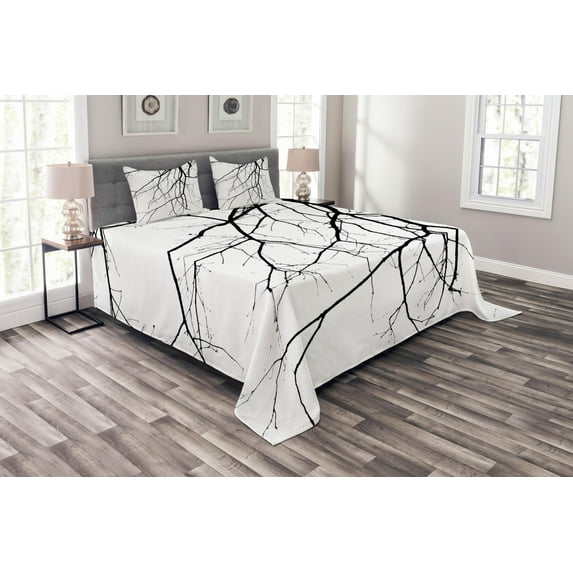 Ambesonne Black and White Quilted Bedspread Set 3 Pcs, Leafless Tree, King Size, Black and White
