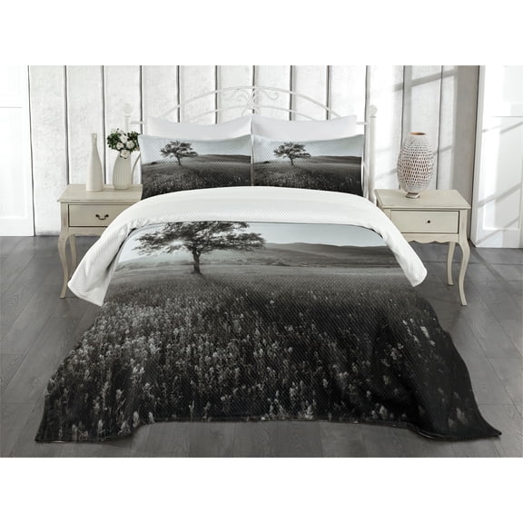 Ambesonne Black and White Quilted Bedspread Set 3 Pcs, Lonely Tree, King Size, Pale Grey