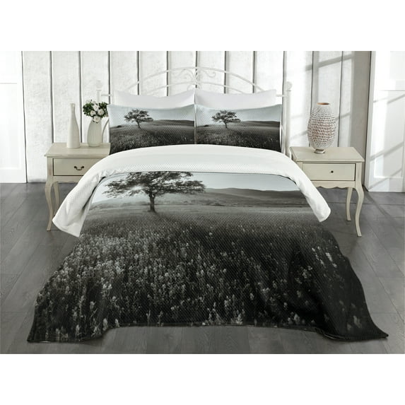 Ambesonne Black and White Quilted Bedspread Set 3 Pcs, Lonely Tree, King Size, Pale Grey