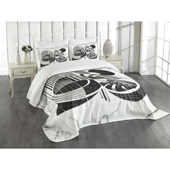 Ambesonne Black and White Quilted Bedspread Set 3 Pcs, Mid Century Leaf, King Size, Grey Coconut