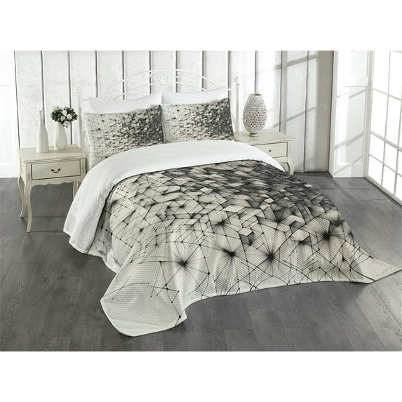 Ambesonne Black and White Quilted Bedspread Set 3 Pcs, Mosaic Geometric, Queen Size, Eggshell Charcoal Grey