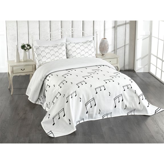 Ambesonne Black and White Quilted Bedspread Set 3 Pcs, Musical Notes, Queen Size, Charcoal Grey