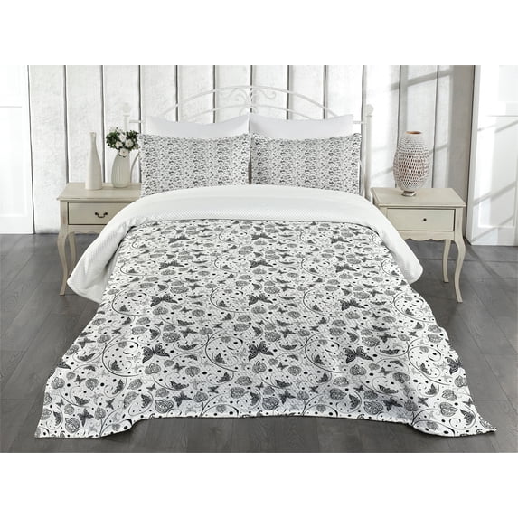 Ambesonne Black and White Quilted Bedspread Set 3 Pcs, Petal Spring Dots, King Size, Black White