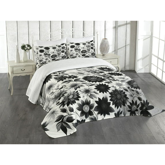 Ambesonne Black and White Quilted Bedspread Set 3 Pcs, Romantic Monochrome, King Size, Charcoal Grey Off White