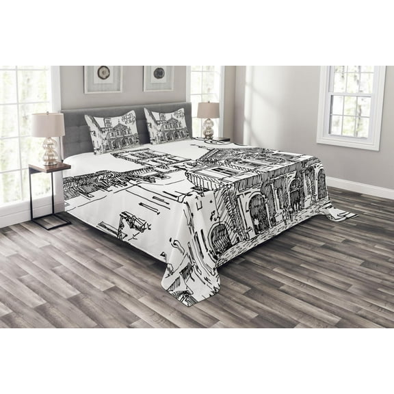 Ambesonne Black and White Quilted Bedspread Set 3 Pcs, Scenery of Rome, King Size, Black and White
