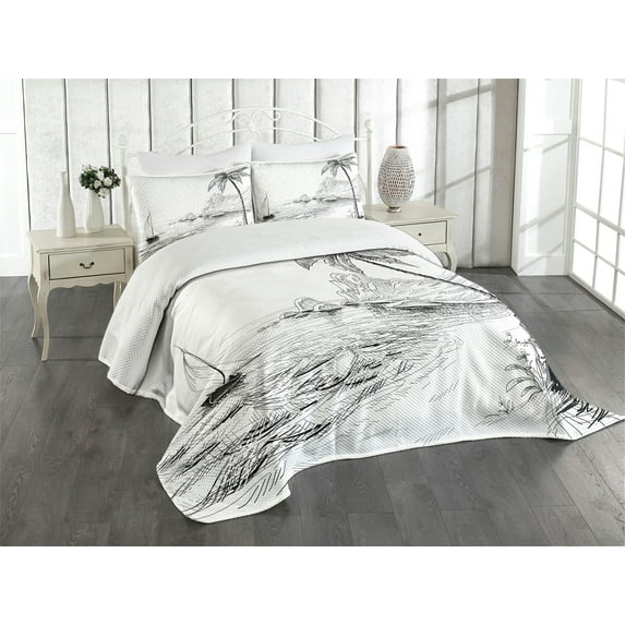 Ambesonne Black and White Quilted Bedspread Set 3 Pcs, Sea Coast Holiday, Queen Size, Black White