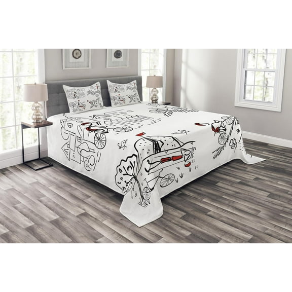 Ambesonne Black and White Quilted Bedspread Set 3 Pcs, Sketchy Cyclist, Queen Size, Black White and Red