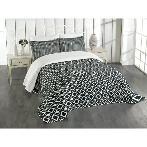 Ambesonne Black and White Quilted Bedspread Set 3 Pcs, Squares Modern, King Size, Black White