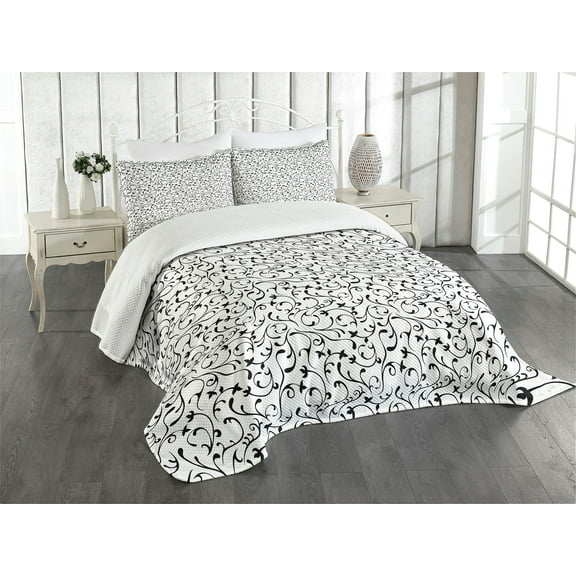 Ambesonne Black and White Quilted Bedspread Set 3 Pcs, Vintage Spring, King Size, Coconut Black