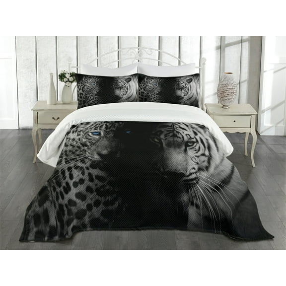 Ambesonne Black and White Quilted Bedspread Set 3 Pcs, Wild Leopards, Queen Size, Black White Blue