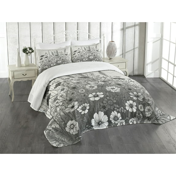 Ambesonne Black and White Quilted Bedspread Set 3 Pcs, Wildflowers Stripes, Queen Size, Pale Grey and Off White