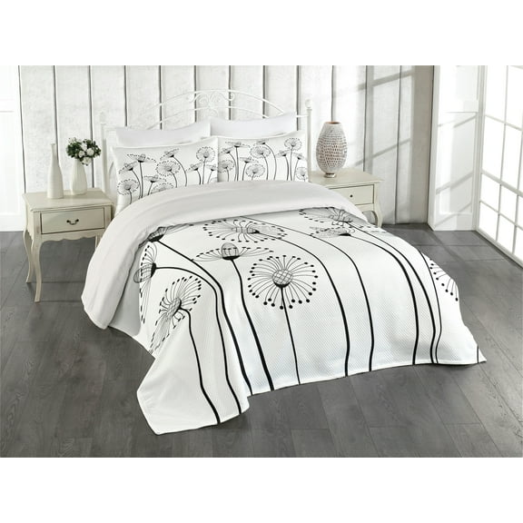 Ambesonne Black and White Quilted Coverlet 3 Pcs, Meadows, King Size, Black White
