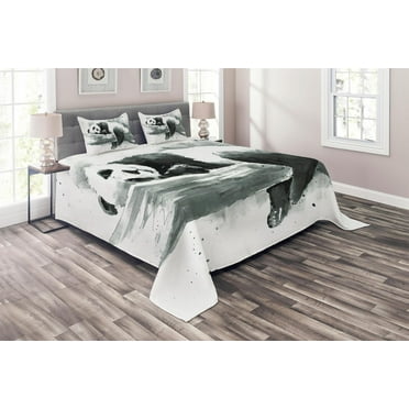Ambesonne Black and White Quilted Coverlet 3 Pcs, Sleeping Panda, King Size, Black White