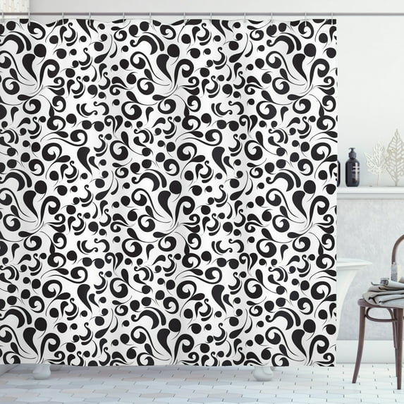 Ambesonne Black and White Shower Curtain, Curly Leaf Art, 69"Wx70"L, Black White