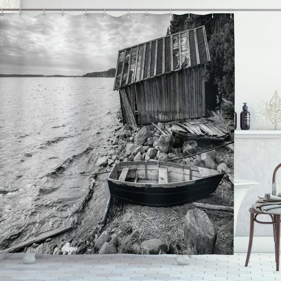 Ambesonne Black and White Shower Curtain, Fishing Boat, 69"Wx75"L, Grey