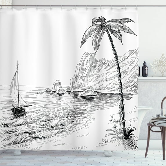 Ambesonne Black and White Shower Curtain, Sea Coast Holiday, 69"Wx75"L, Black White