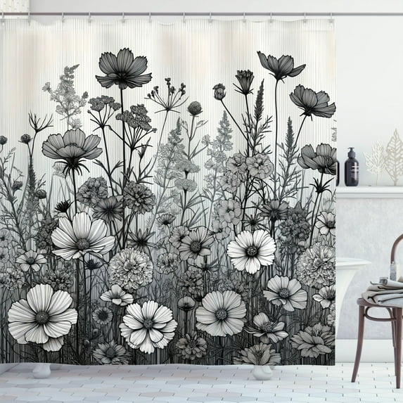 Ambesonne Black and White Shower Curtain, Vintage Meadow Art, 69"Wx84"L, Off White and Taupe Grey