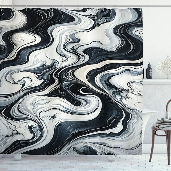 Ambesonne Black and White Shower Curtain, Wavy Marble Print, 69"Wx84"L, Dark Blue Grey and White