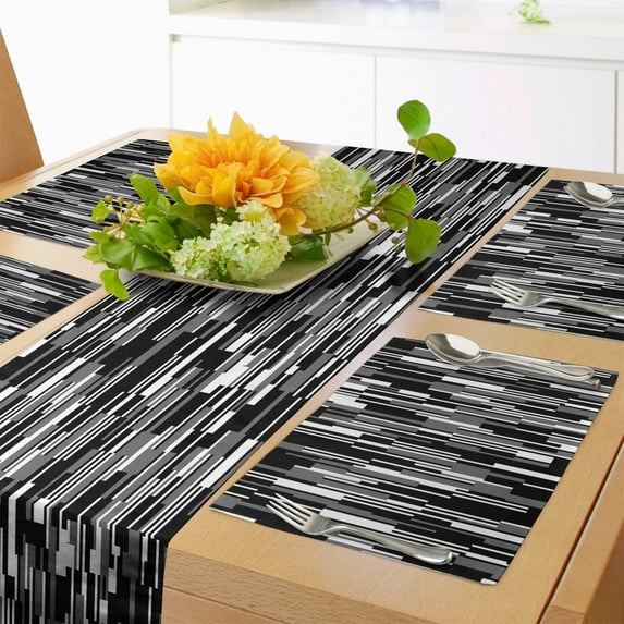 Ambesonne Black and White Table Runner & Placemats, Abstract Lines, Placemat 4 pcs + Runner 12"x90", Black Grey White