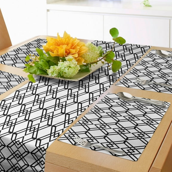 Ambesonne Black and White Table Runner & Placemats, Interlace Squares, Placemat 4 pcs + Runner 12"x72", White Black