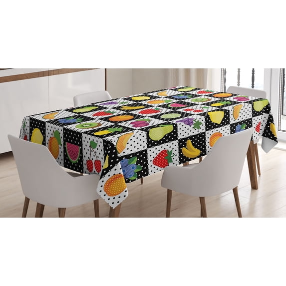 Ambesonne Black and White Tablecloth Rectangular Table Cover, Kitchen Fruits, 52"x70", Multicolor