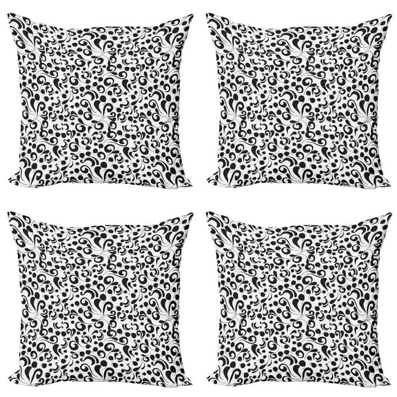 Ambesonne Black and White Throw Pillow Cover 4 Pack, Curly Leaf Art, 20", Black White