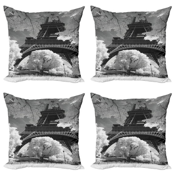 Ambesonne Black and White Throw Pillow Cover 4 Pack, Eiffel Tower View, 18", Blue Grey