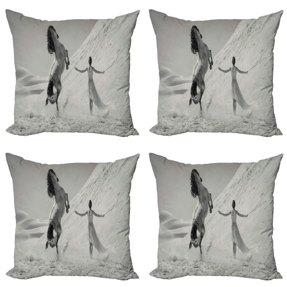 Ambesonne Black and White Throw Pillow Cover 4 Pack, Horse and Lady, 20", Black White Grey