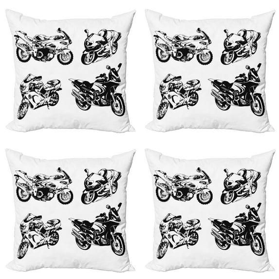 Ambesonne Black and White Throw Pillow Cover 4 Pack, Motorbikes, 20", Orange Black