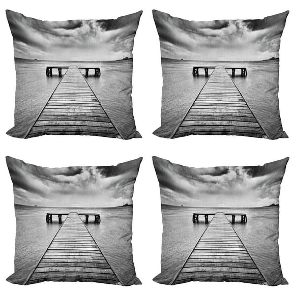 Ambesonne Black and White Throw Pillow Cover 4 Pack, Old Pier on Sea, 24", Black and White