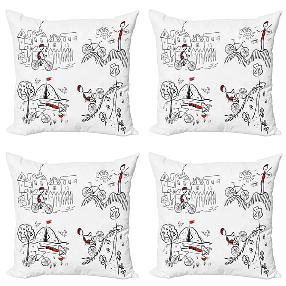 Ambesonne Black and White Throw Pillow Cover 4 Pack, Sketchy Cyclist, 20", Black White and Red