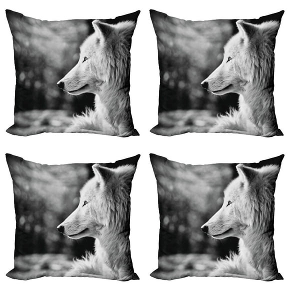 Ambesonne Black and White Throw Pillow Cover 4 Pack, Wolf Portrait, 24", Pale Grey
