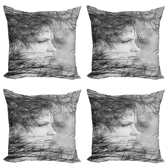 Ambesonne Black and White Throw Pillow Cover 4 Pack, Woman and Trees, 18", Black and White