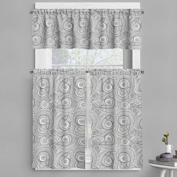 Ambesonne Black and White Valance & Curtain, Folk Floral, 55"x24", White and Black