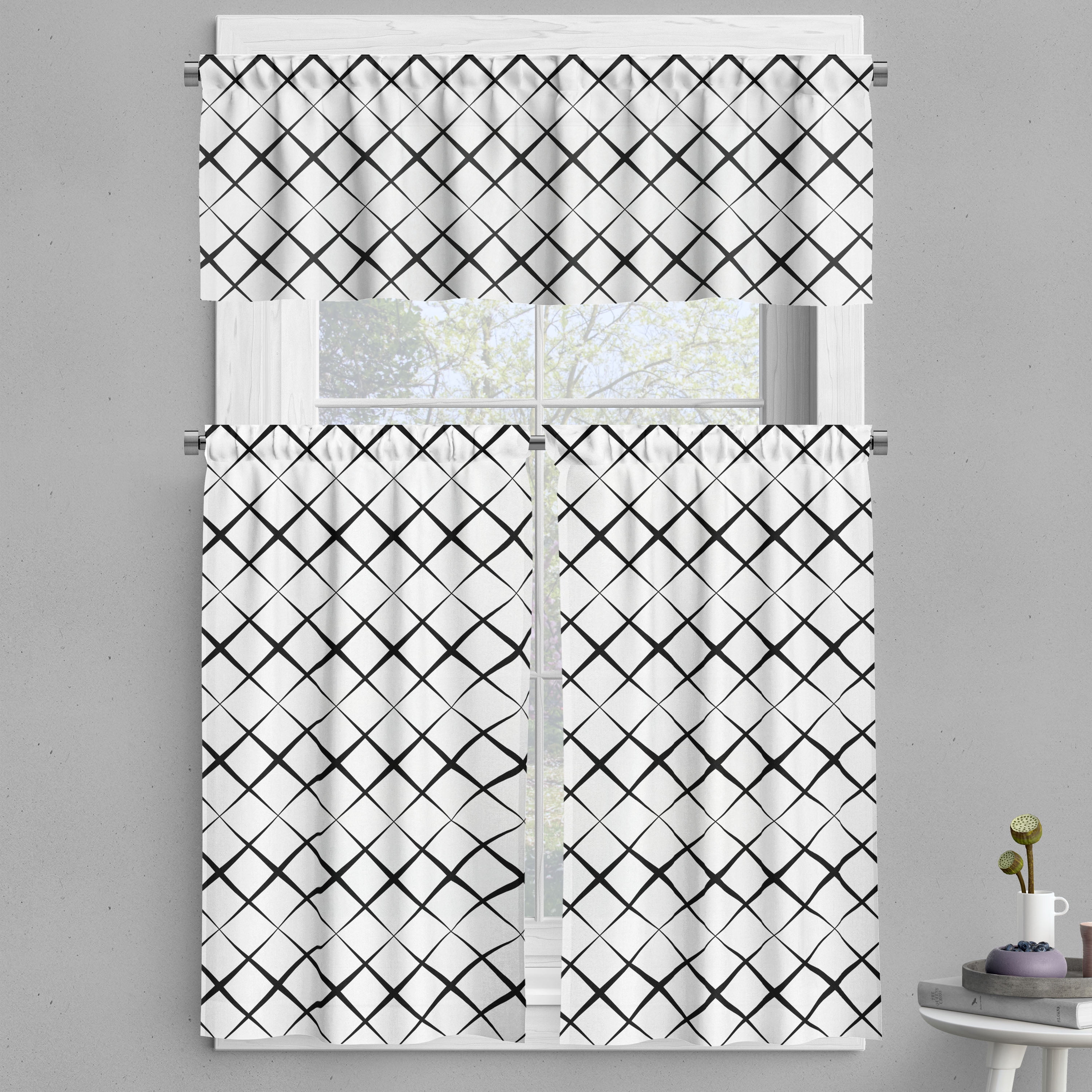 Ambesonne Black and White Valance & Curtain, Grid Lines, 55"x24", White ...