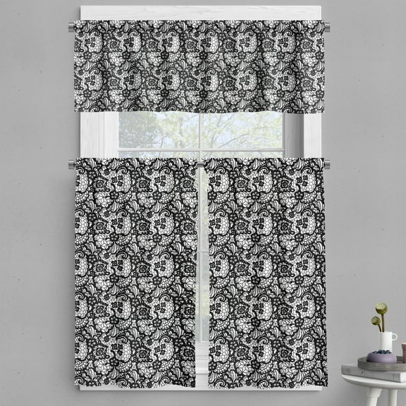 Ambesonne Black and White Valance & Curtain, Lacy Inspirations, 55"x30", Black White